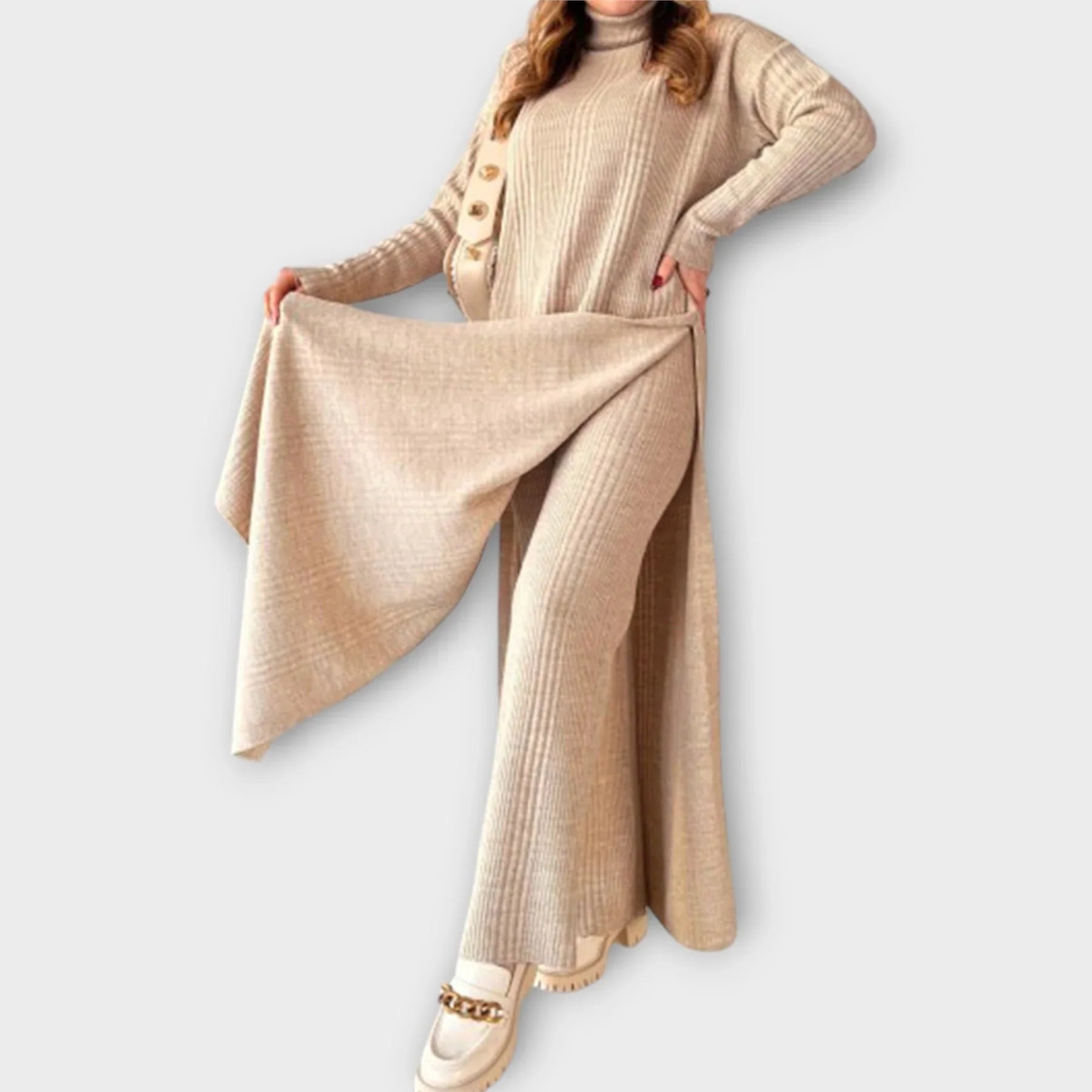 High-Neck Knit Sweater and Trousers Two-Piece Suit Set