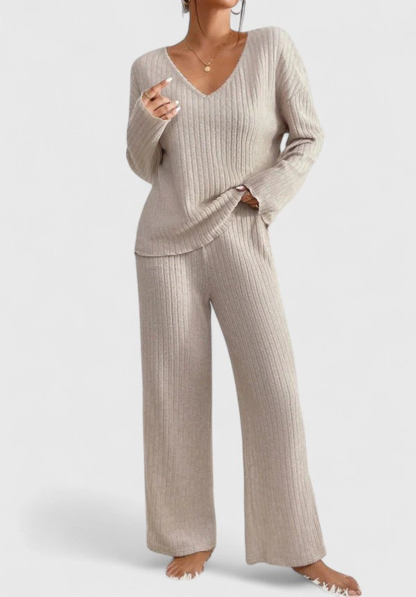 Ribbed Knit V-Neck Top and Wide Leg Pants Two Piece Set