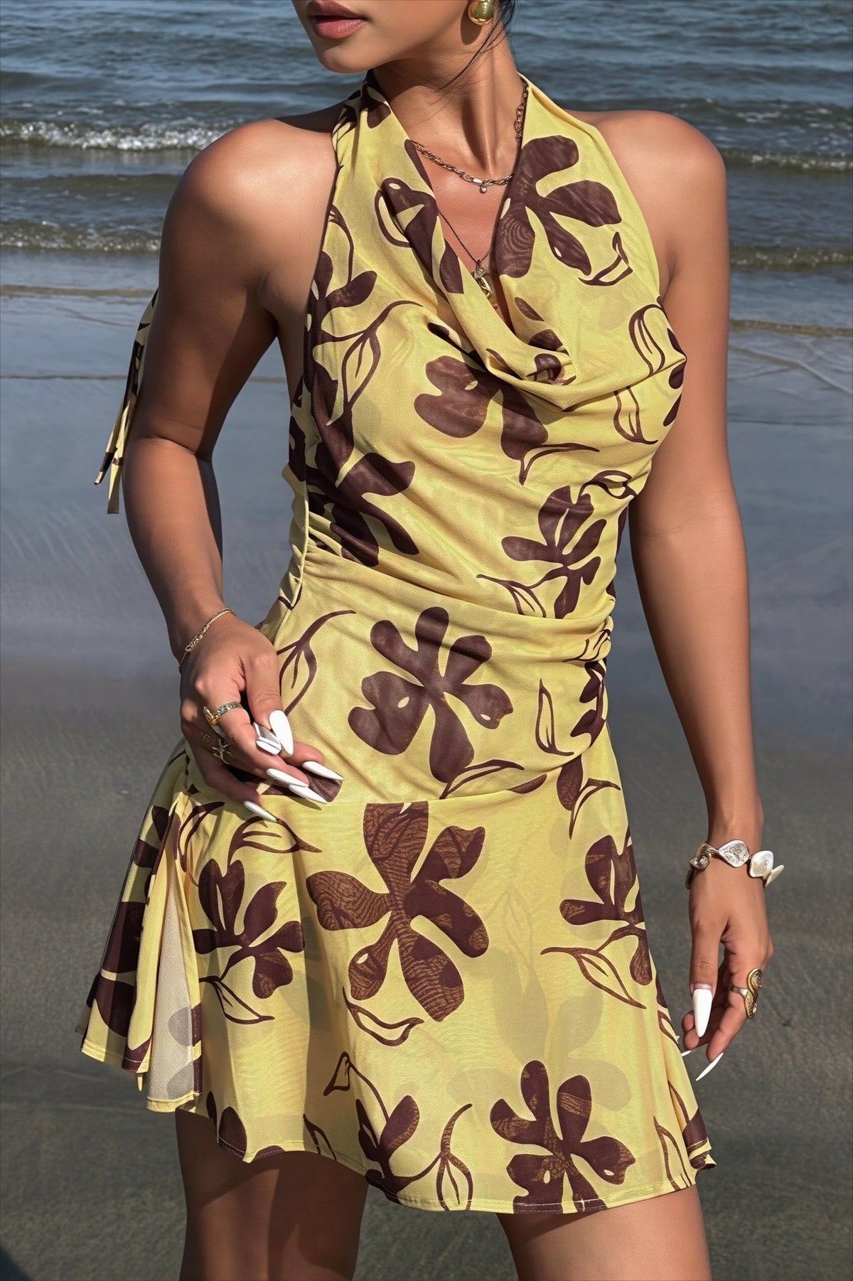 Floral Halter Cowl Neck Ruched Flare Mini Dress