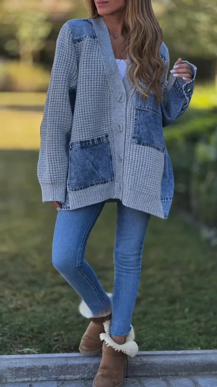 Stylish Denim Patchwork Knitted Loose Cardigan Jacket
