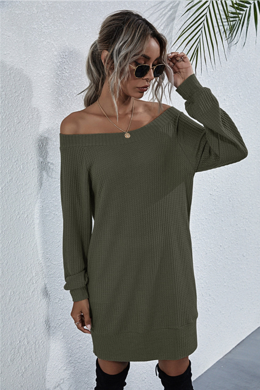 Off Shoulder Knitted Long Sleeve Dress - Fashionpara