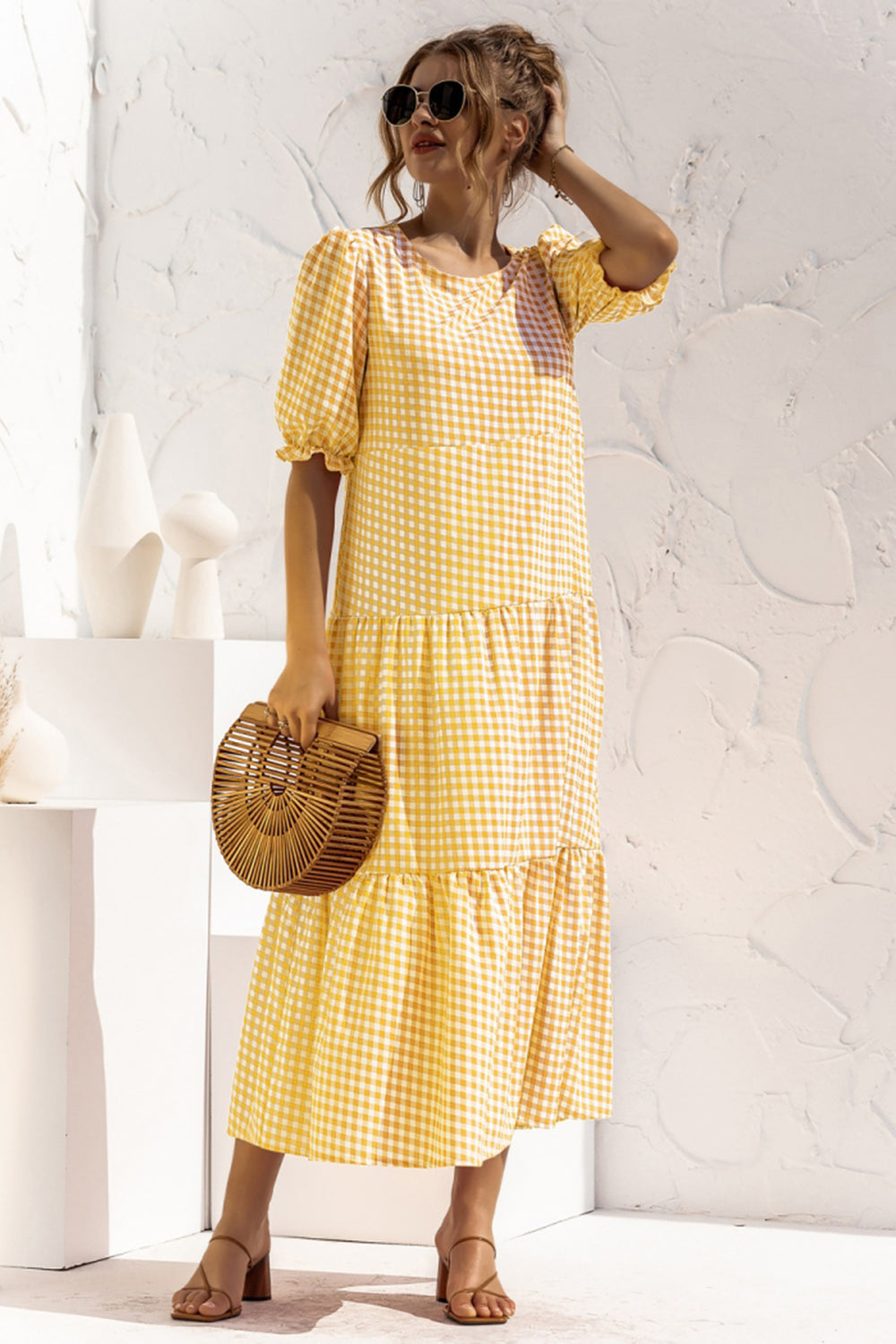 Puff Sleeve Polka Dot Plaid Patchwork Long Dress - Fashionpara
