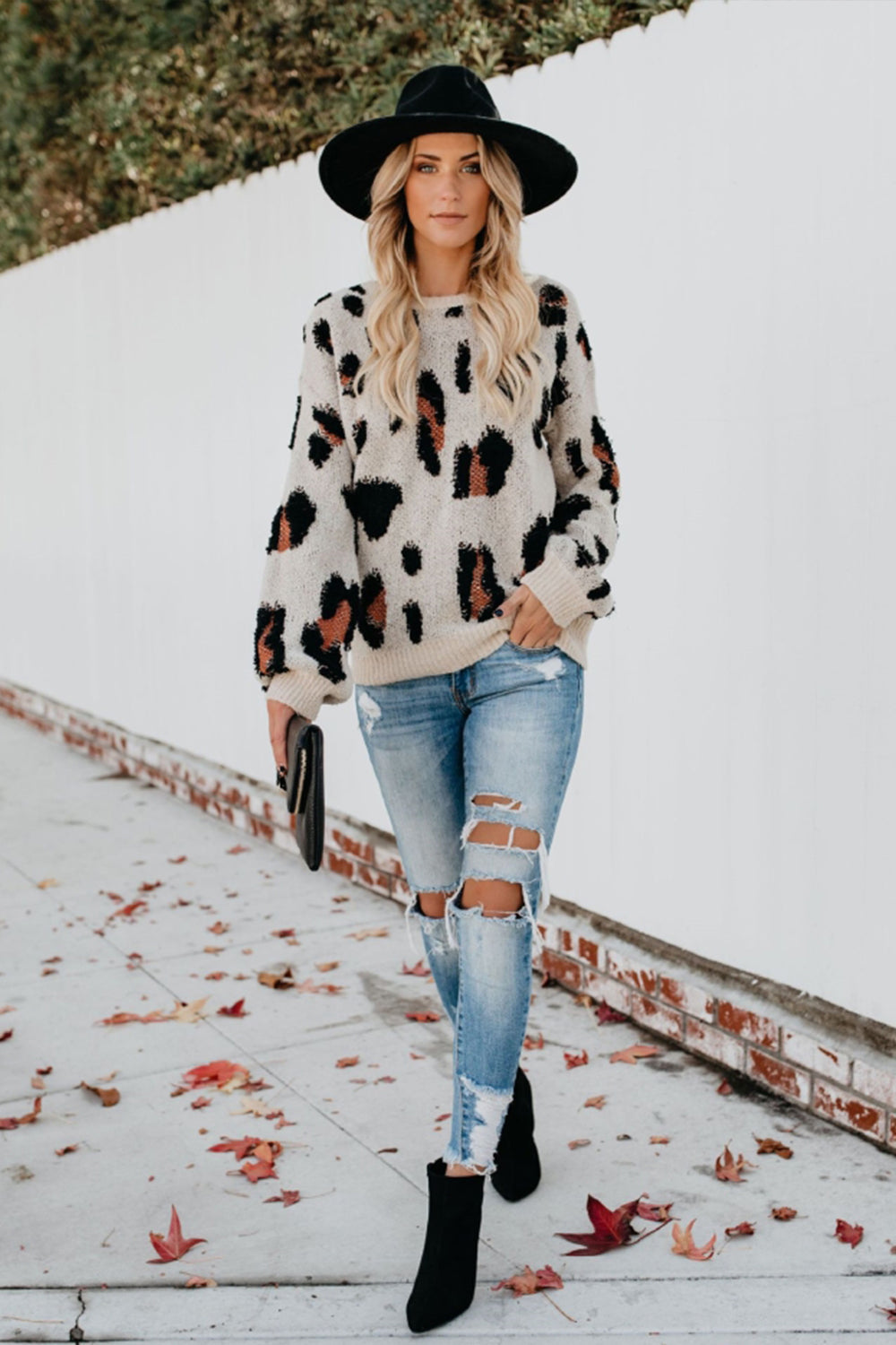 RadyRin Leopard Print Round Neck Pullover Sweater