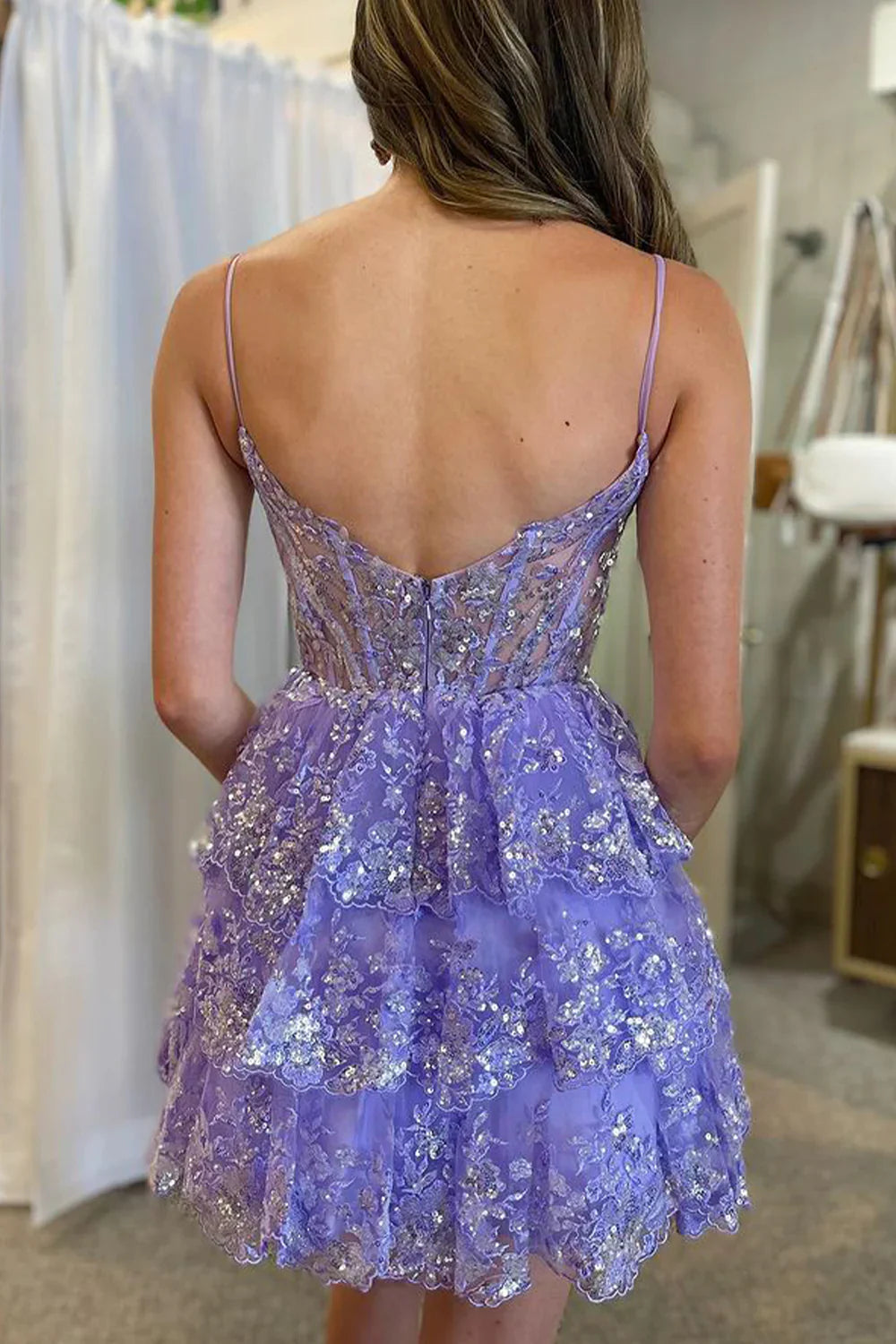 A Line Lilac Short Graduation Dress Spaghetti Straps Homecoming Dress with Lace Ruffles - Fashionpara