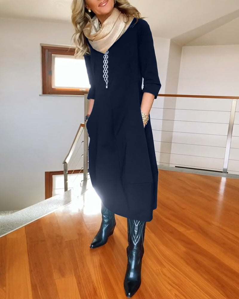 Round Neck Quarter Sleeve Zip Front Sheer Hem Midi Dress 8
