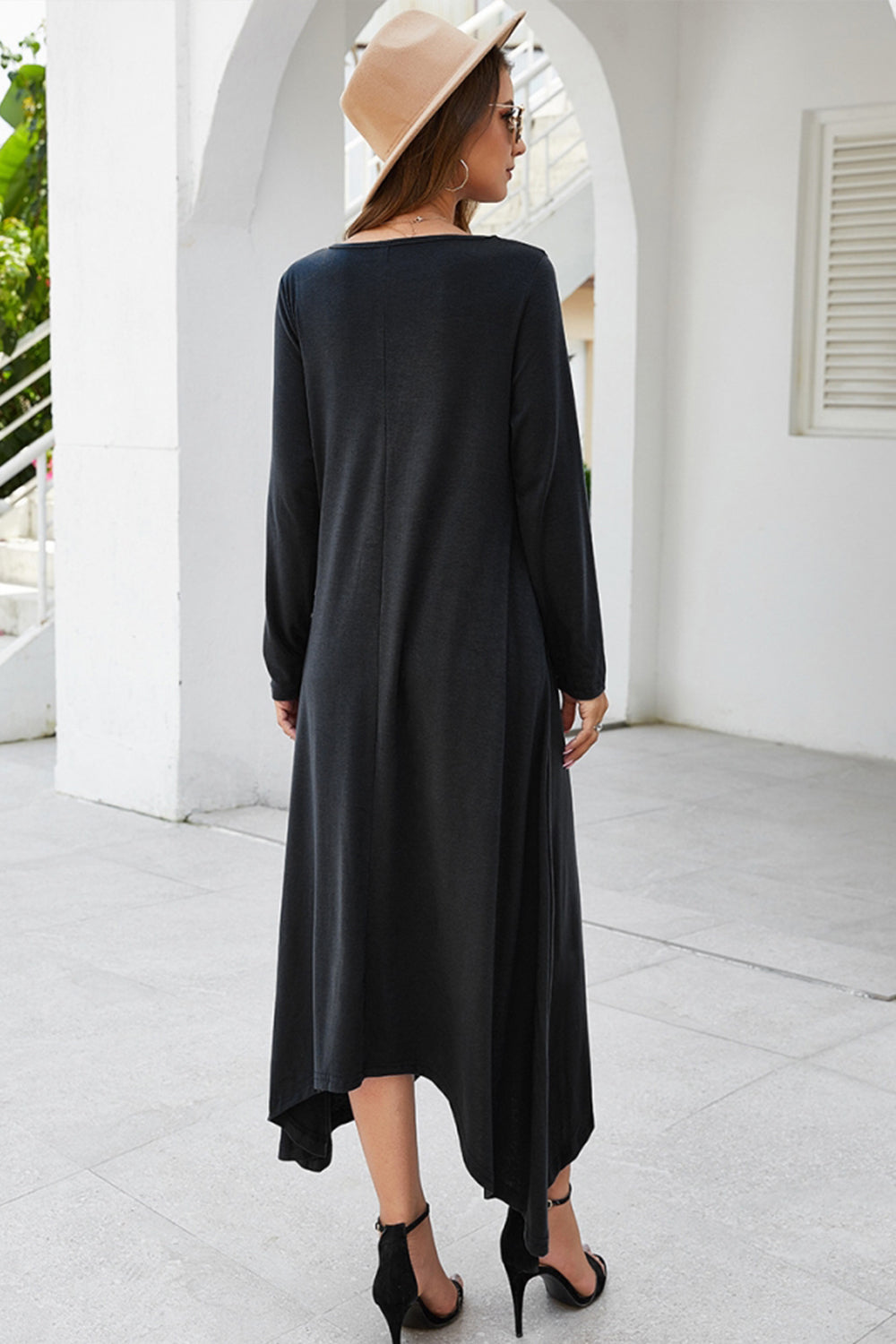 Solid Color Big Swing Skirt Long Sleeve Dress - Fashionpara