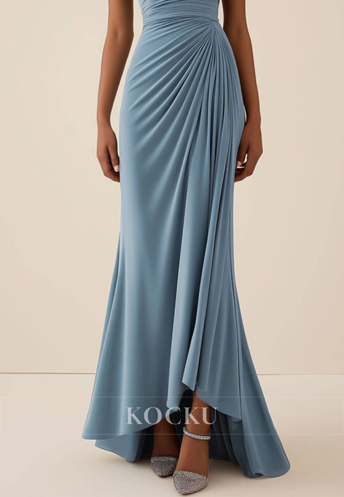 Elegant Off-Shoulder Sheath Wedding Guest Dress Light Blue Satin pleats Formal Gowns