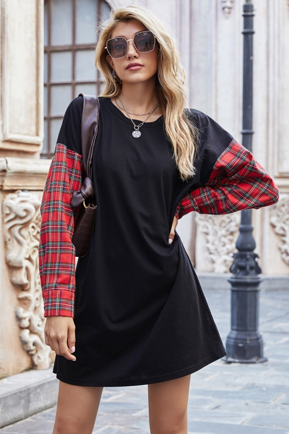 RadyRin Chic Round Neck Plaid Sweater Dress for Elegance