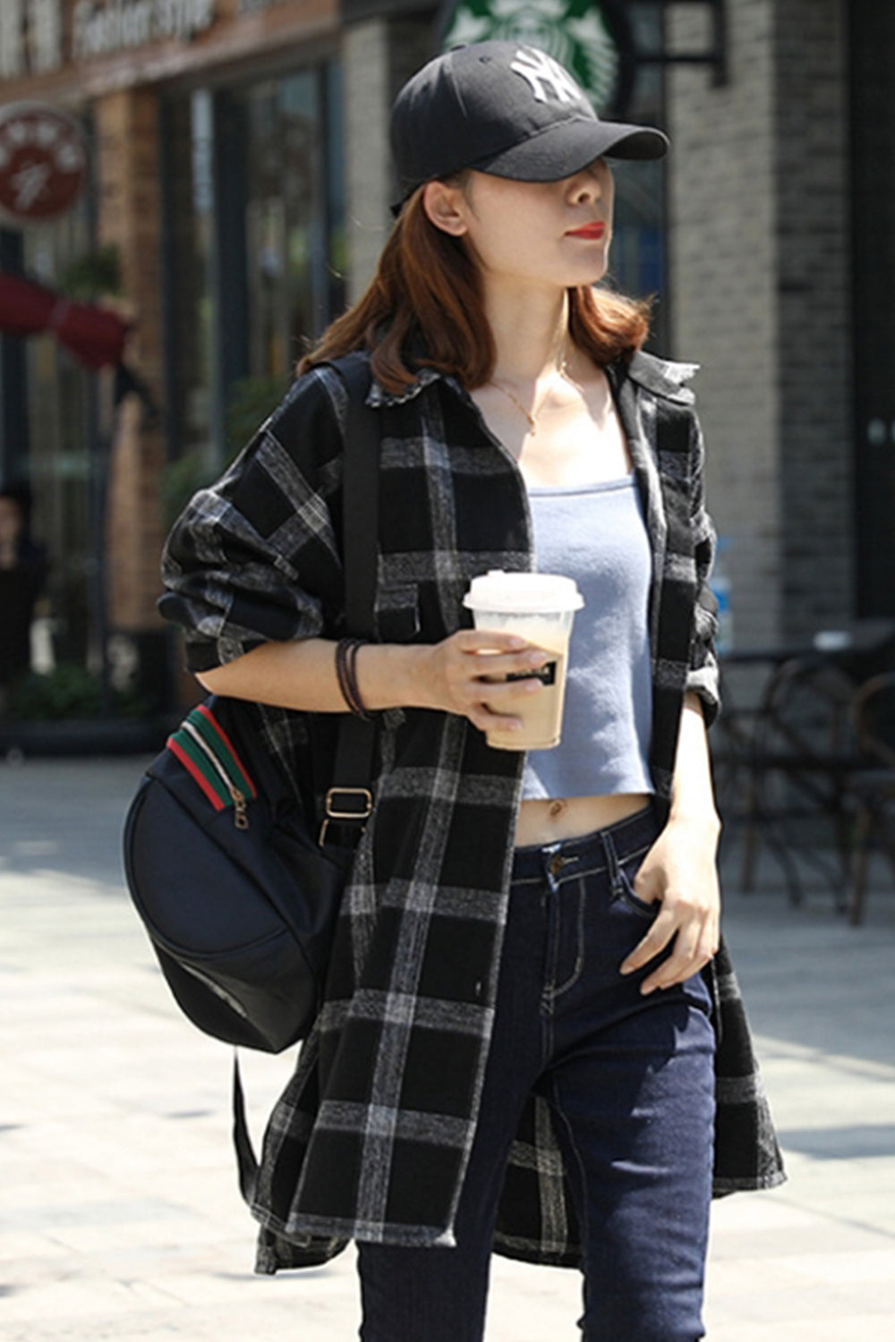 RadyRin Thick Brushed Plaid Flannel Lapel Cardigan Coat