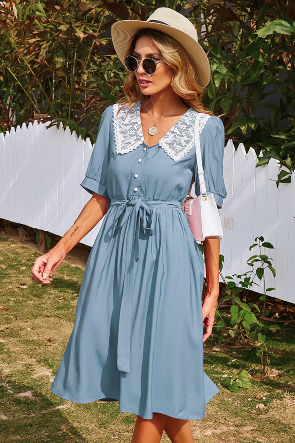 Solid Color Elastic Waist Midi Dress - Fashionpara