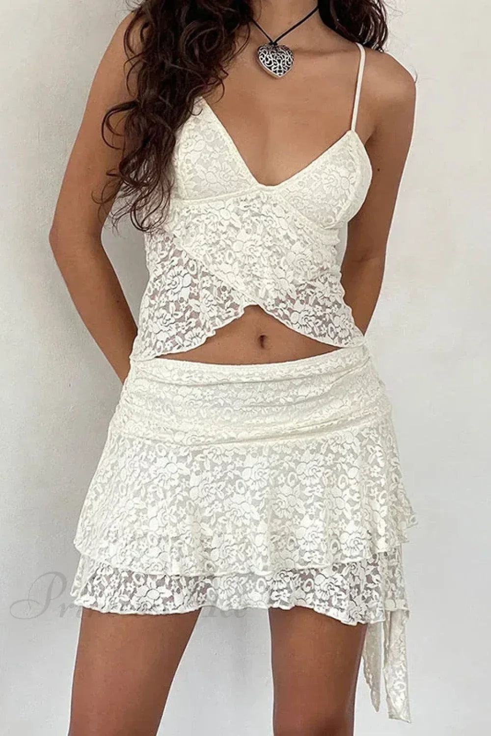 2 Piece Lace Sheer Outfits Flower Layered Crop Camis Tops + High Waist Irregular Hem Mini Skirt Party Club Night