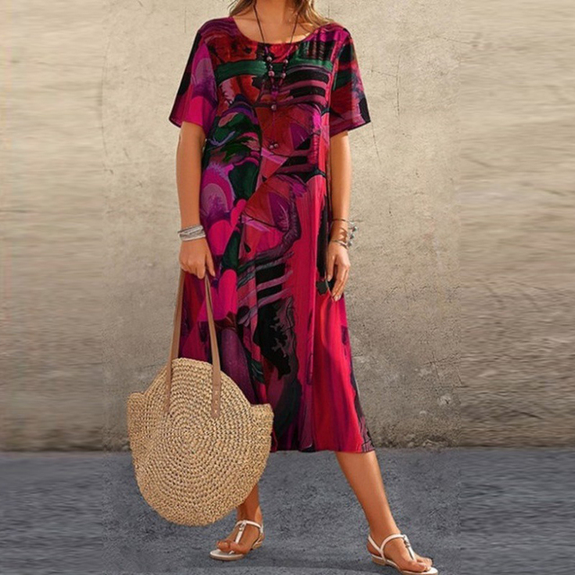 Abstract Art Print Short Sleeve Crew Neck Relaxed Fit Midi Dress - View 2