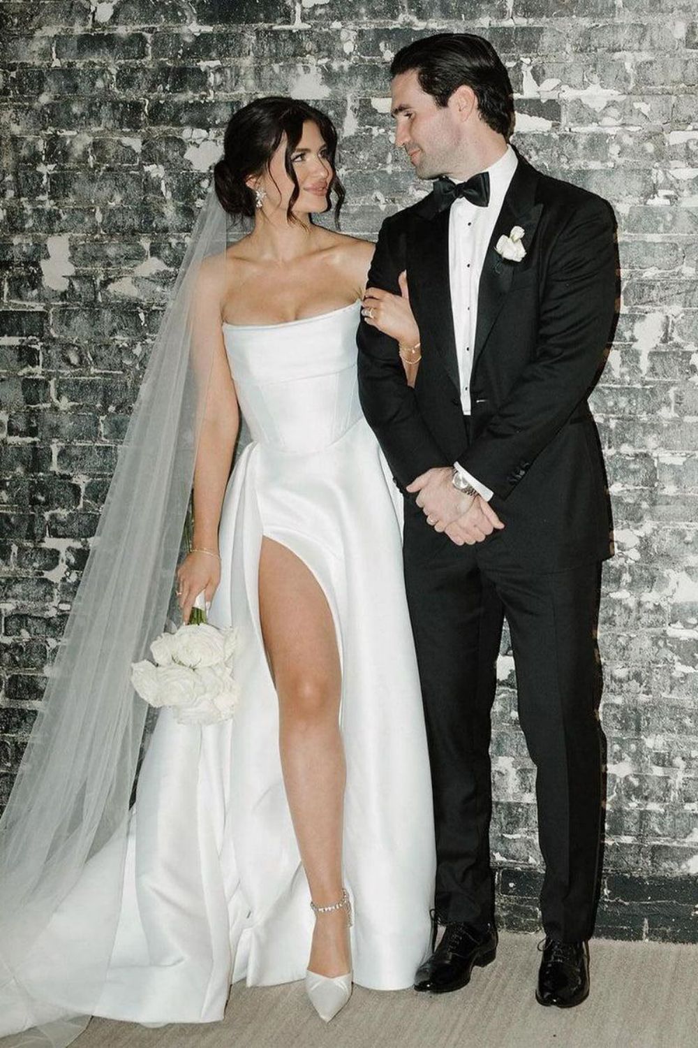 Elegant A Line Strapless White Long Bridal Dress with Split Front - Fashionpara