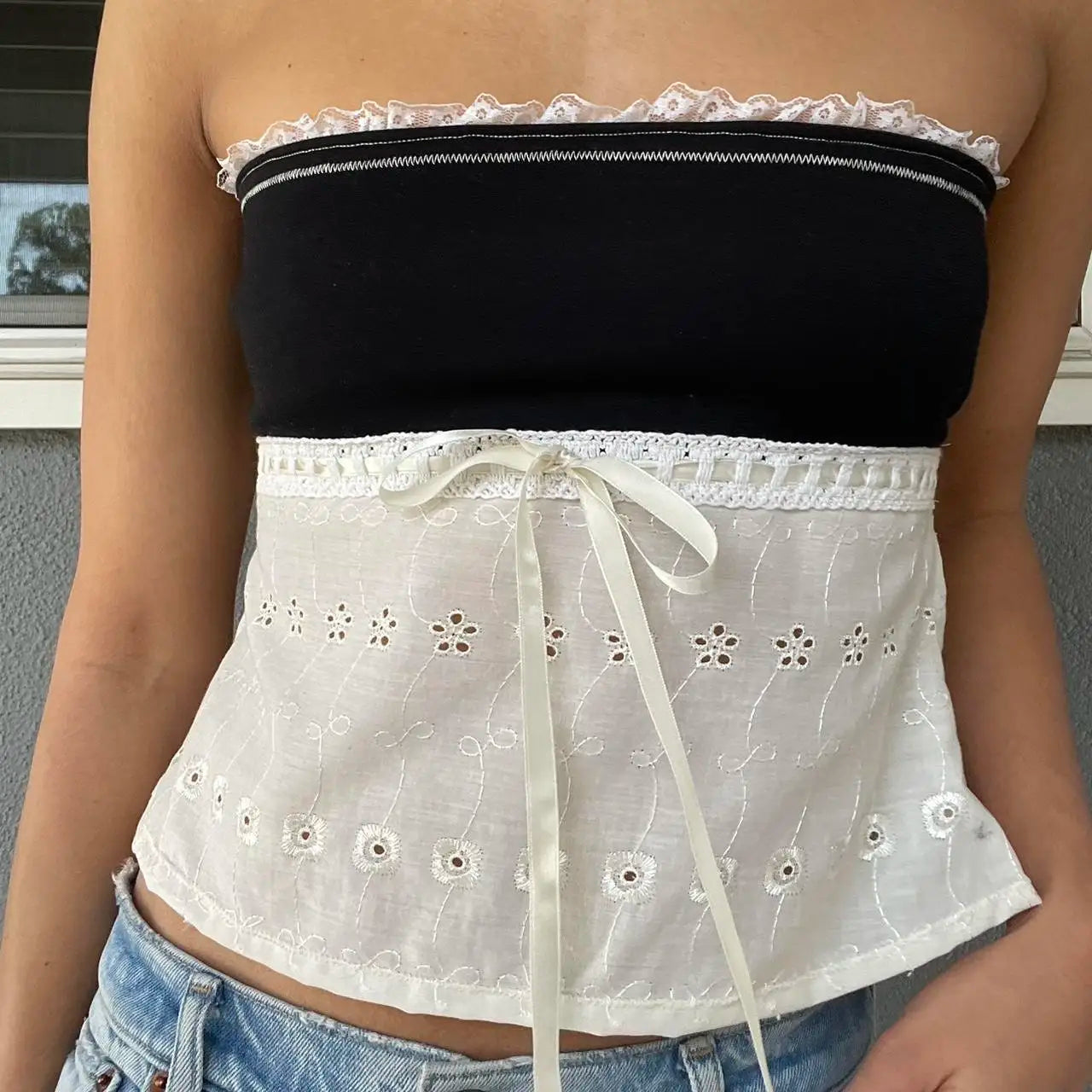 Lace Patchwork Hollow Crop Top