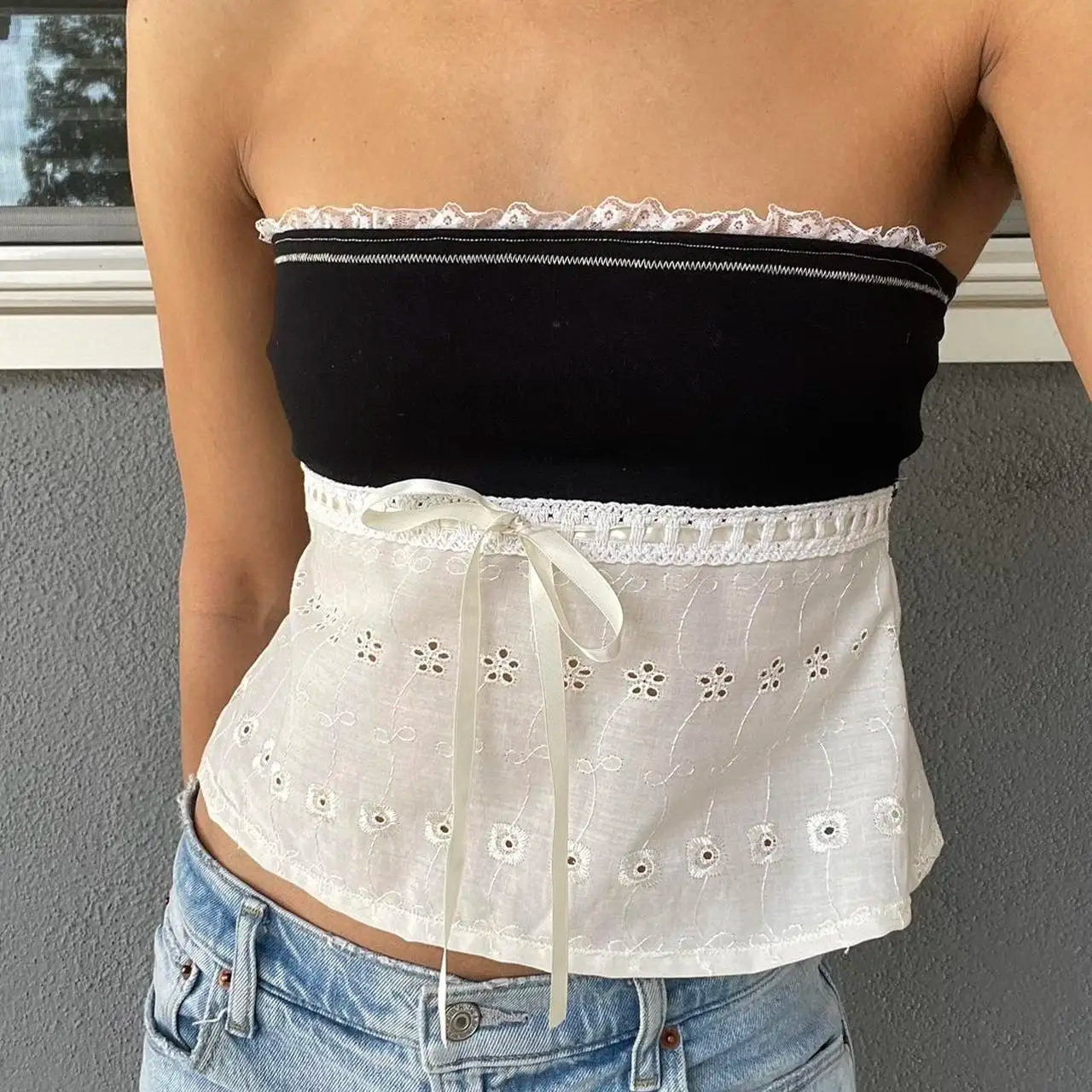 Lace Patchwork Hollow Crop Top