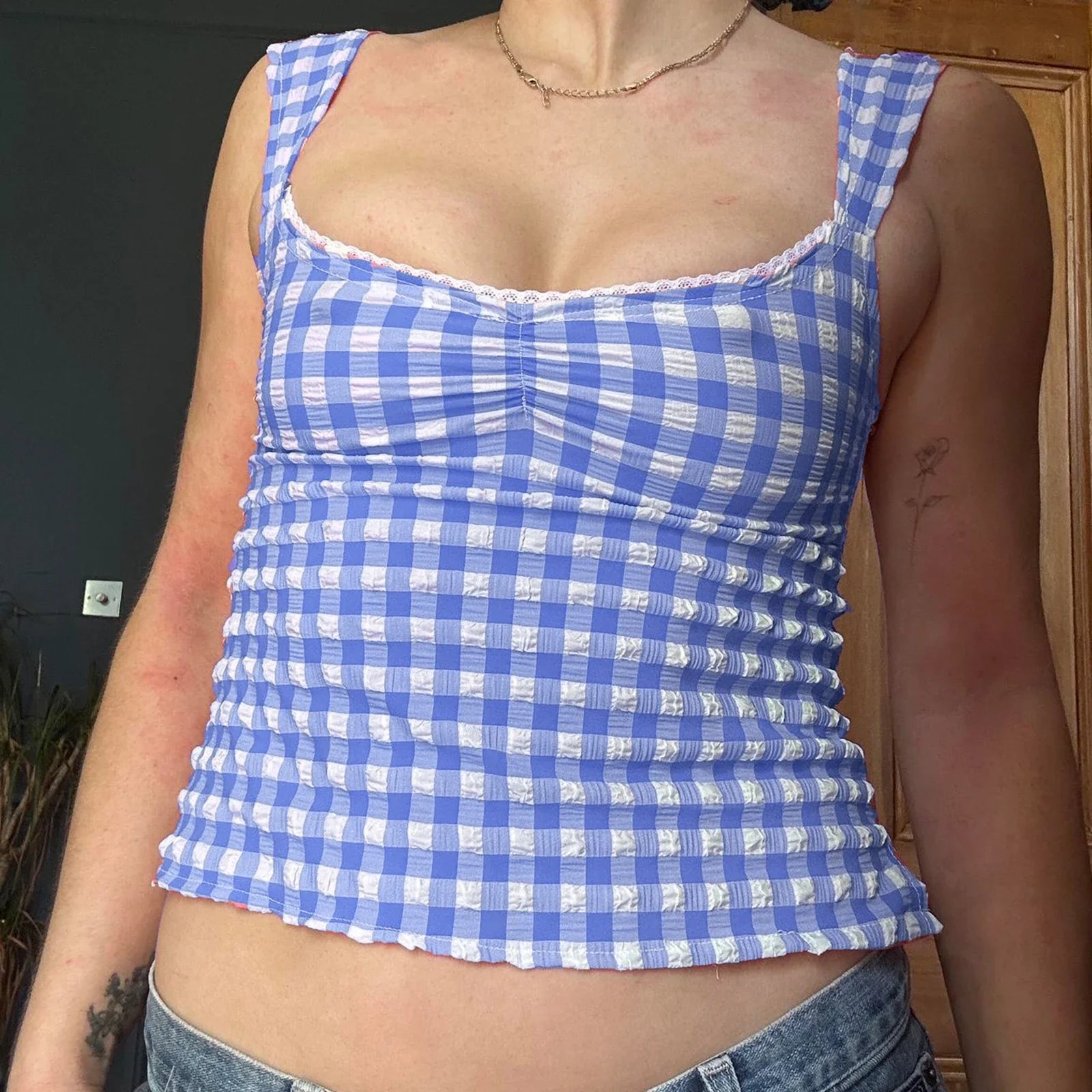 Plaid Pleated Lace Crop Top