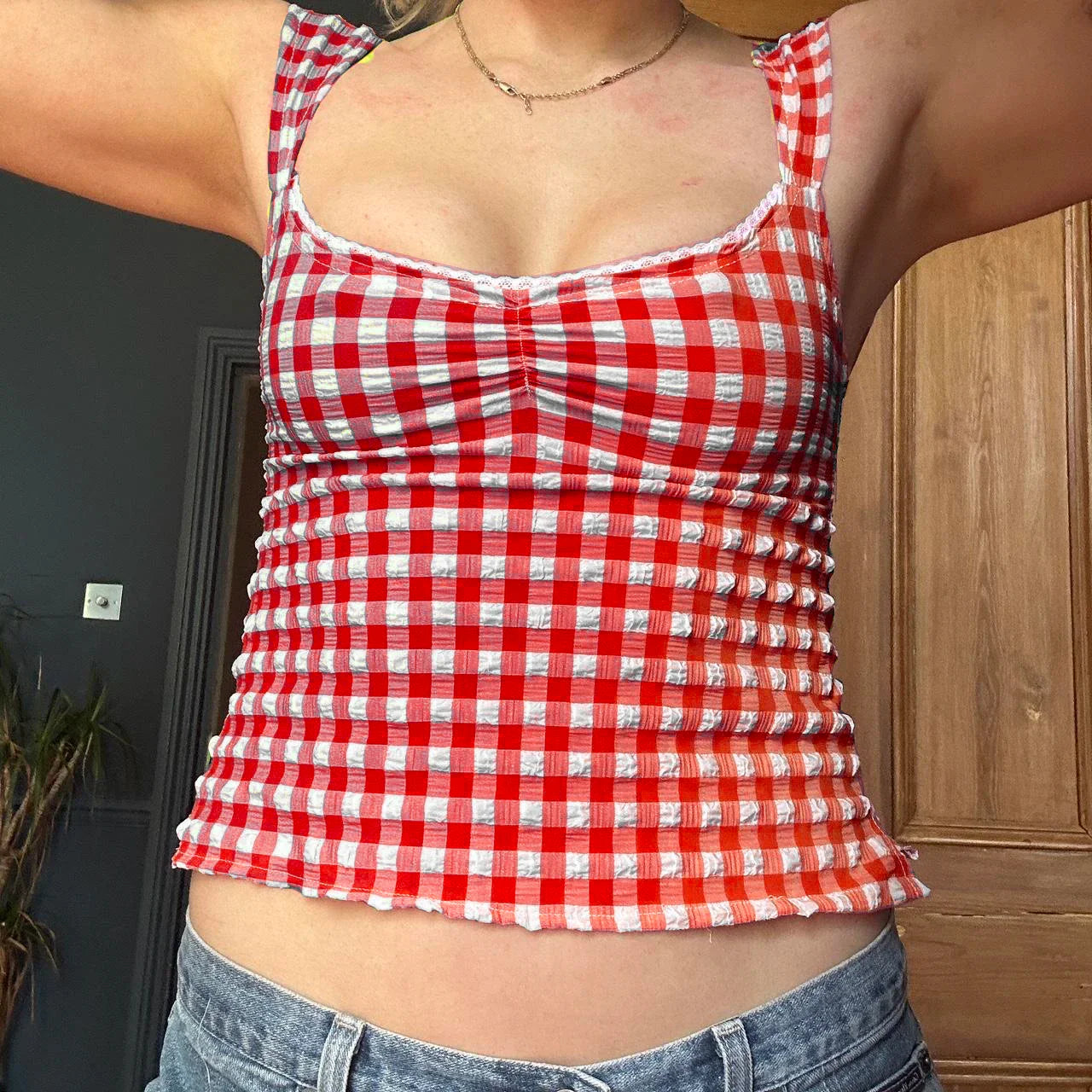 Plaid Pleated Lace Crop Top