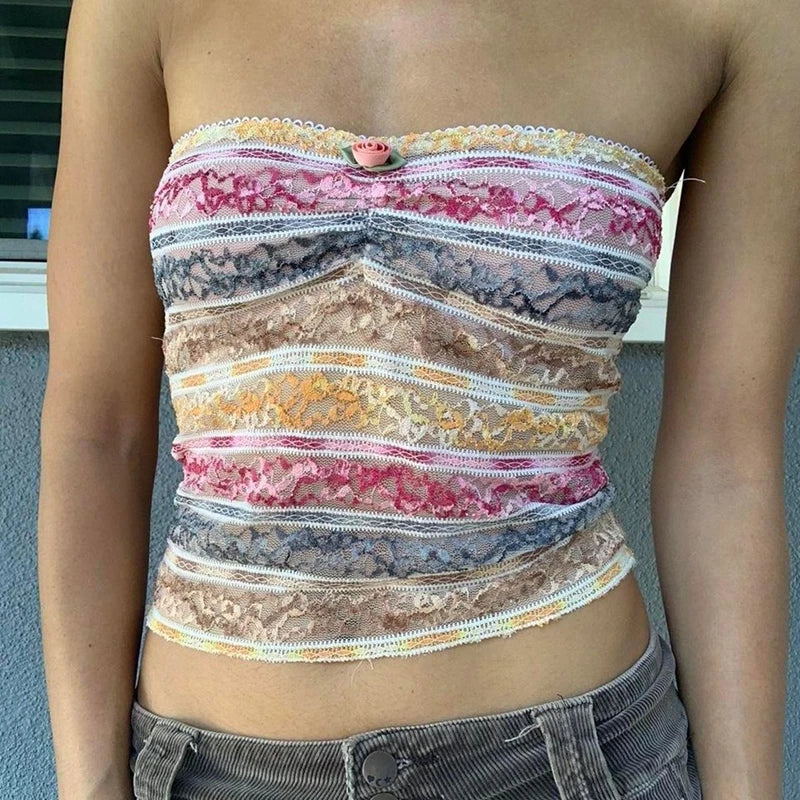Retro Lace Trim Strapless Tube Crop Top