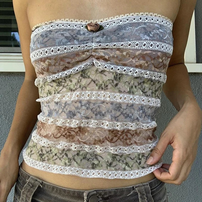 Retro Lace Trim Strapless Tube Crop Top