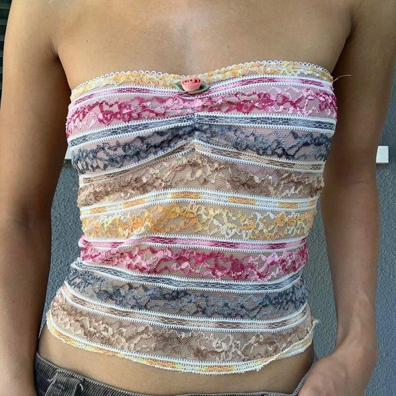 Retro Lace Trim Strapless Tube Crop Top