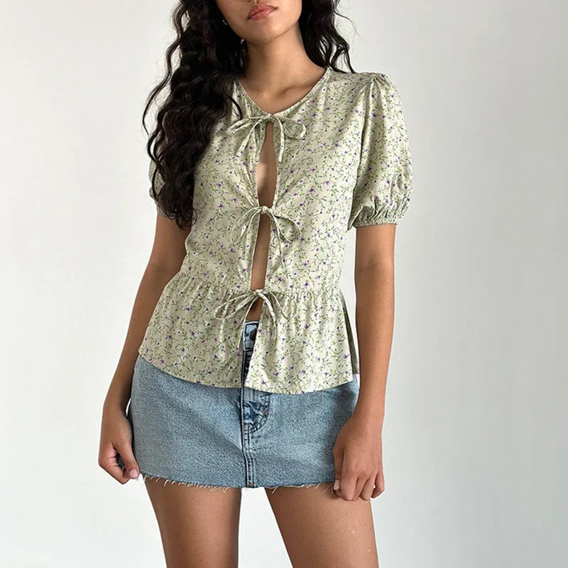 Puff Sleeve Bowknot Crop Top