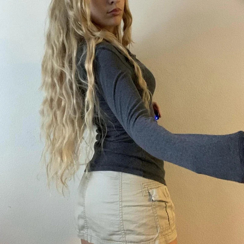 Vintage Y2K Basic Crop Top Grunge Button Slim Fit Knit Top