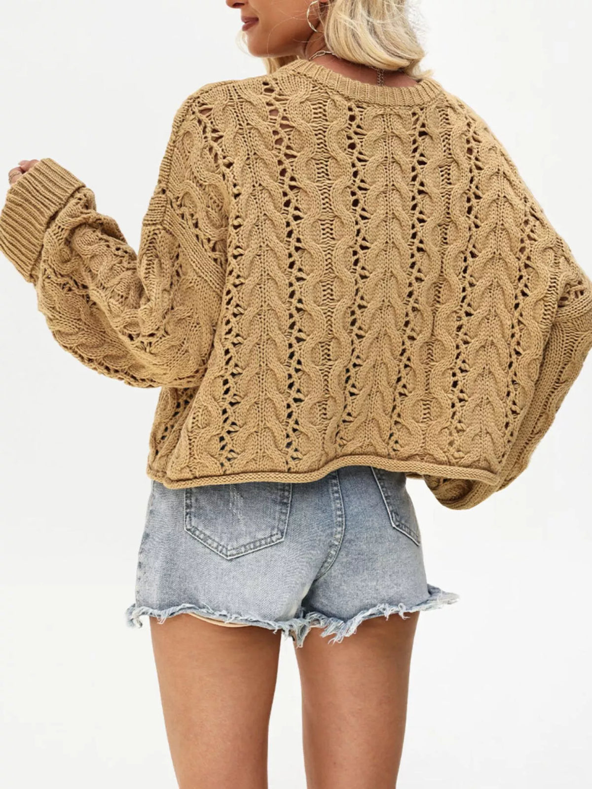 Cable Knit Half-Button Openwork Sweater 10