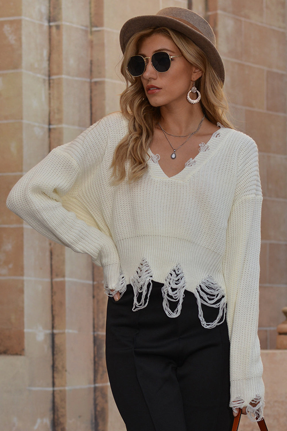RadyRin V-neck Fringed Short Sweater for Chic Comfort