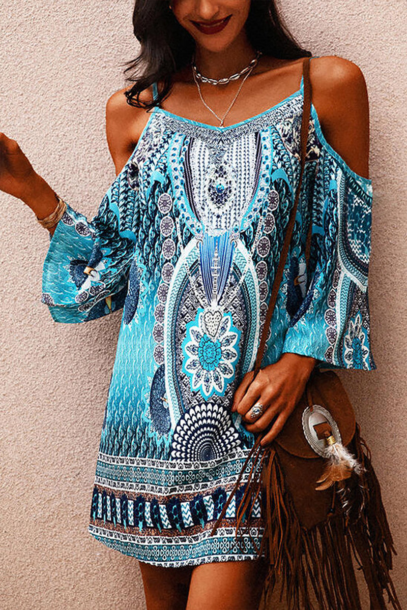 Bohemian Print Bell Sleeve Cutout Off-Shoulder Slip Dress - Fashionpara