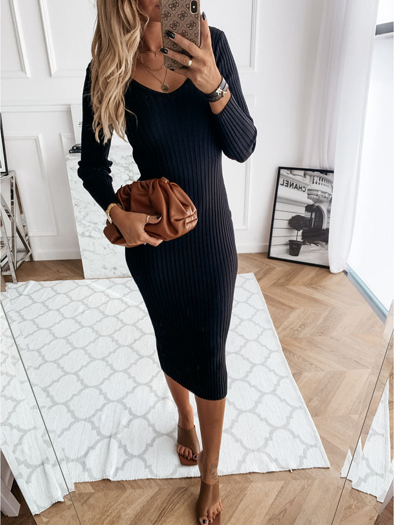 Boat Neck Ribbed Long Sleeve Bodycon Midi Dress