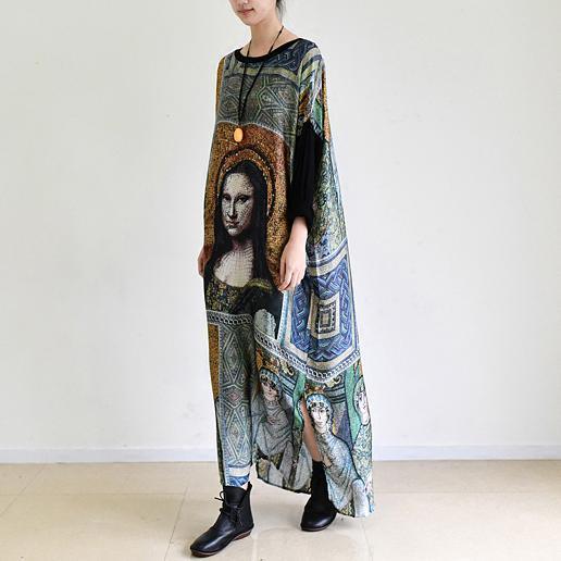Fall painted floral cotton dresses flowy chiffon maxi dresses - View 2