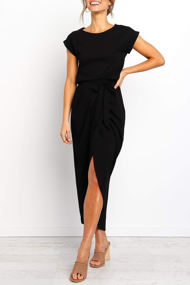 Short Sleeve Tie Waist Wrap Tulip Hem Midi Dress - View 16
