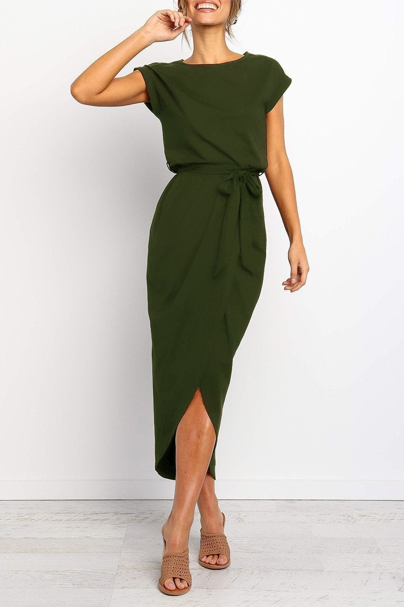 Short Sleeve Tie Waist Wrap Tulip Hem Midi Dress - View 12