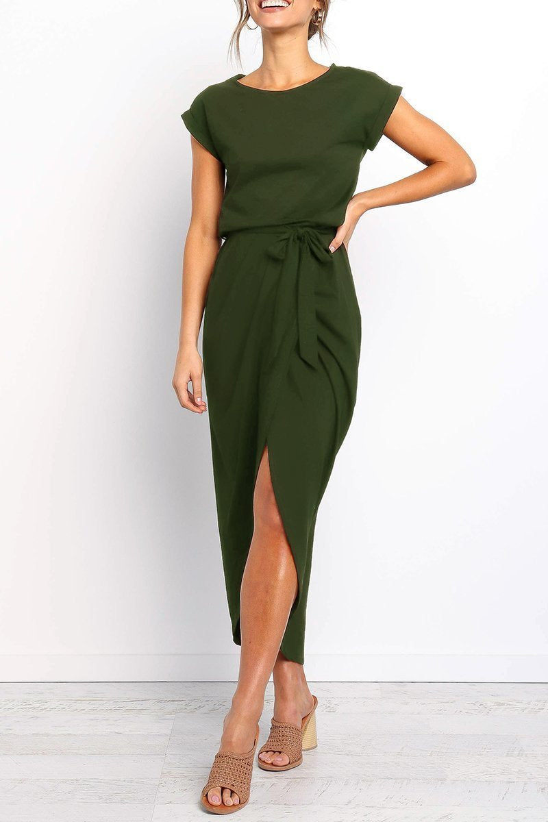 Short Sleeve Tie Waist Wrap Tulip Hem Midi Dress - View 2