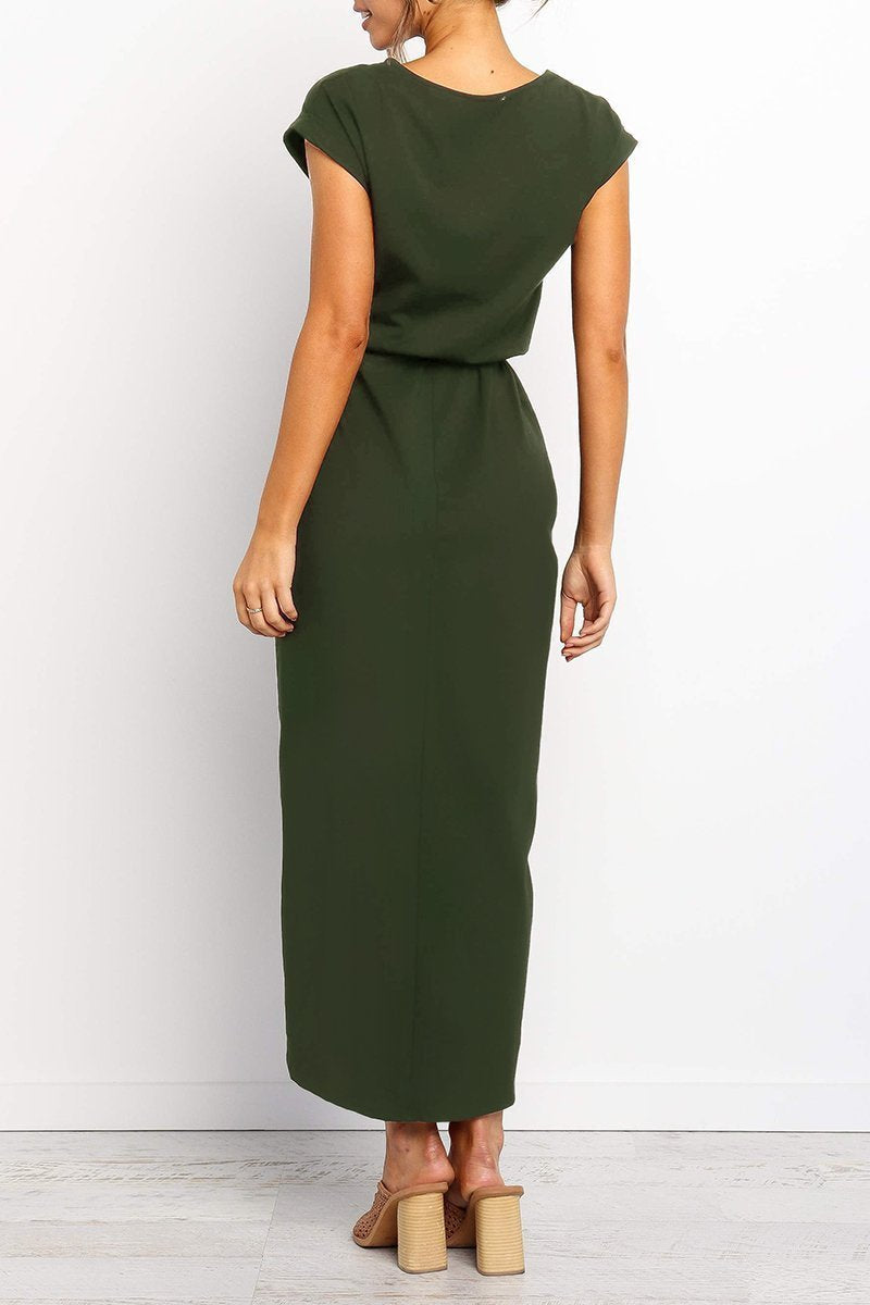 Short Sleeve Tie Waist Wrap Tulip Hem Midi Dress - View 3