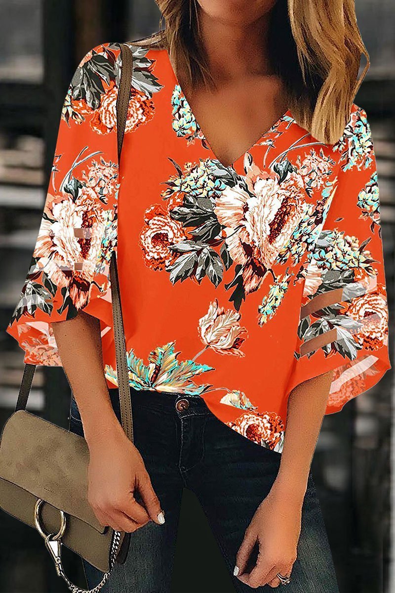 Florcoo V Neck Printed Hollow-out Blouse
