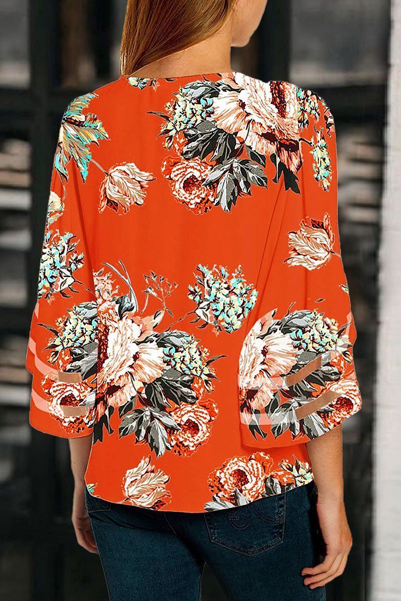 Florcoo V Neck Printed Hollow-out Blouse