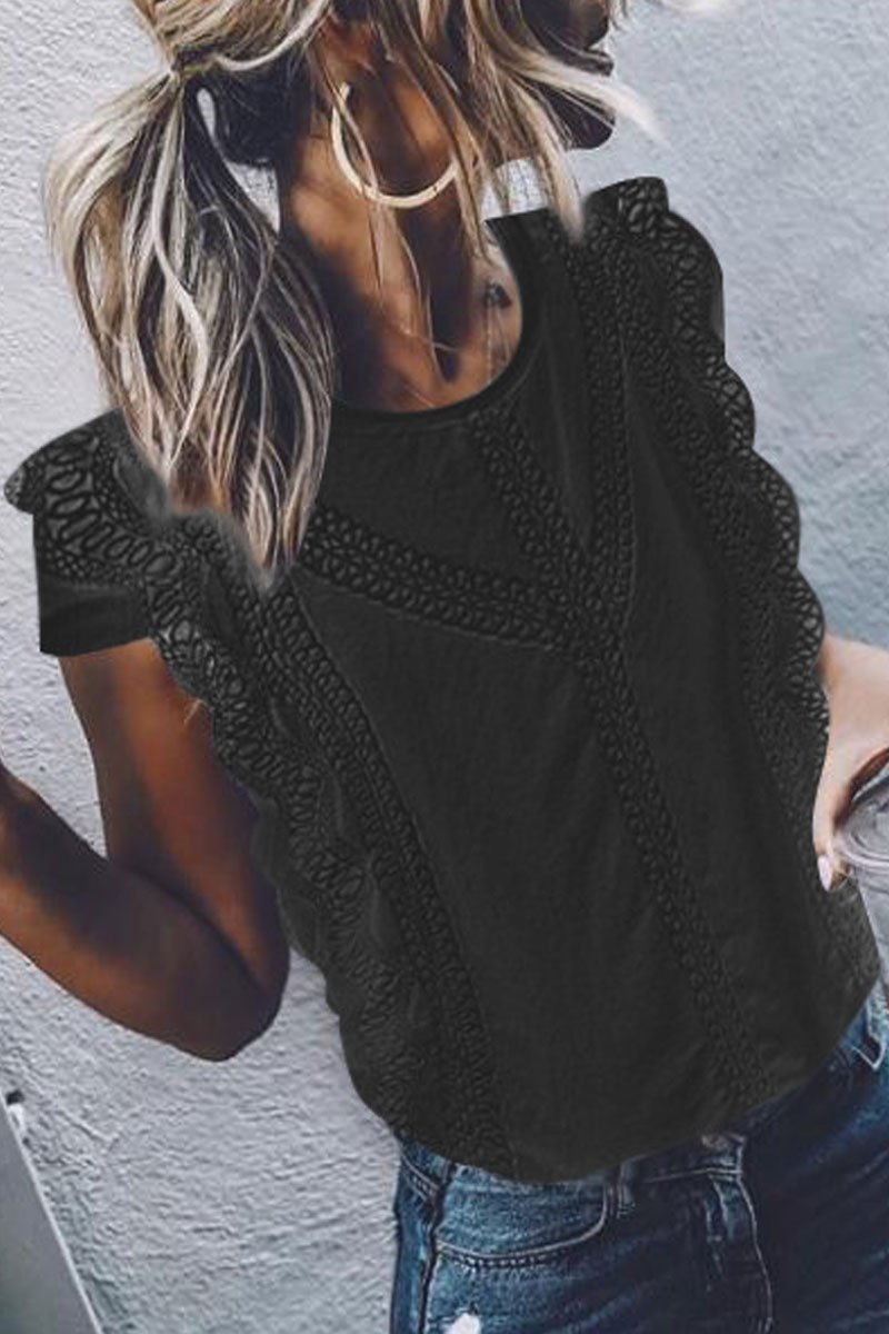 Florcoo O Neck Lace Trim Patchwork Blouse