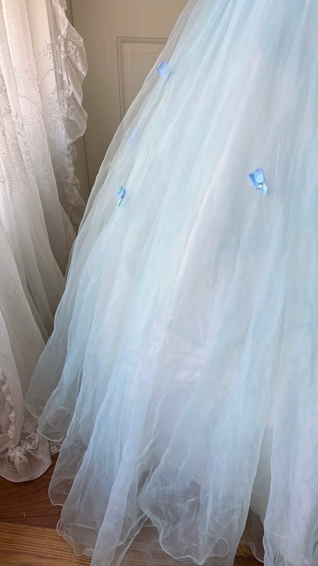 Dreamy Flower Fairy Light Blue 3D Floral V-Neck Tulle Ball Gown Evening Dress Wedding Dress P4202