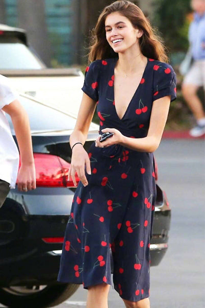 Cherry Print V-Neck Short-Sleeve Wrap Midi Dress 3