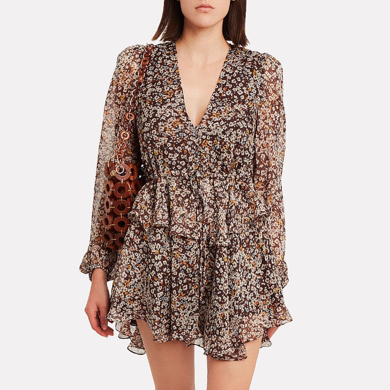 Chiffon Deep V-Neck Long Sleeve Tie Waist Tiered Mini Dress