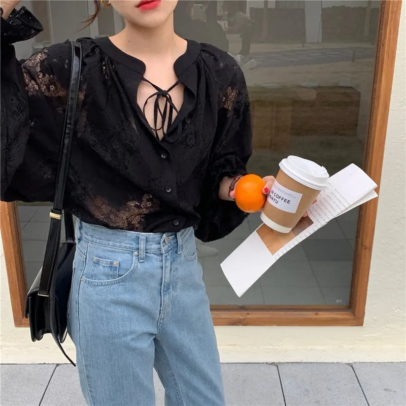 Carved Lantern Long Sleeve Lace Blouse Blusas