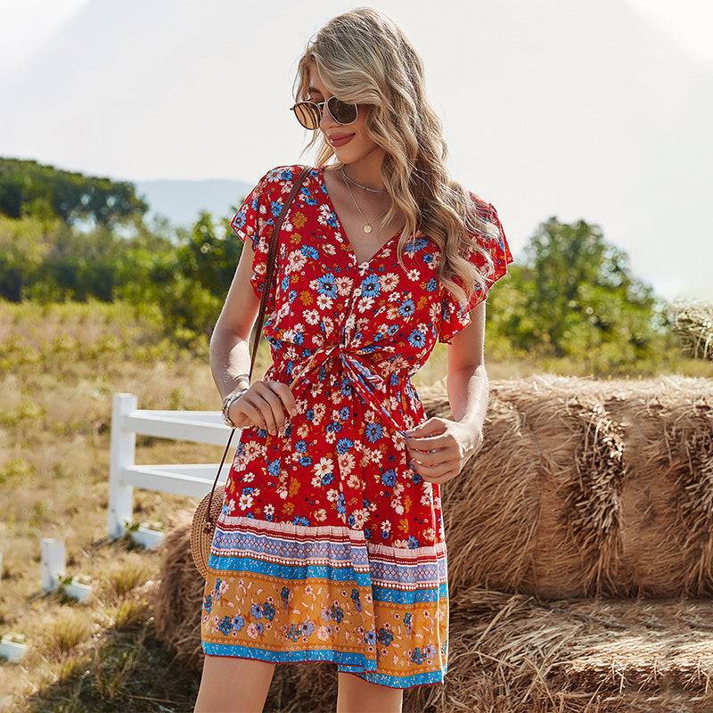 KittenAlarm - Spring and Summer New Women's Lace V-neck Printed Dress