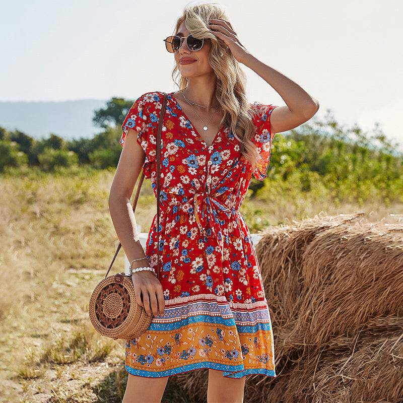 KittenAlarm - Spring and Summer New Women's Lace V-neck Printed Dress