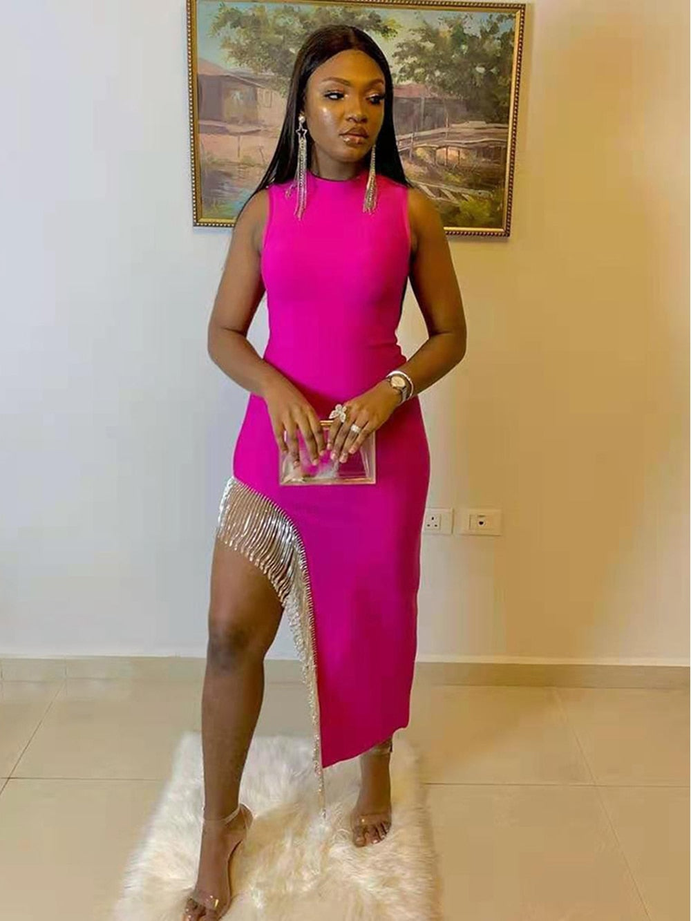 Bandage Rhinestone Fringe High Split Maxi Dress 6