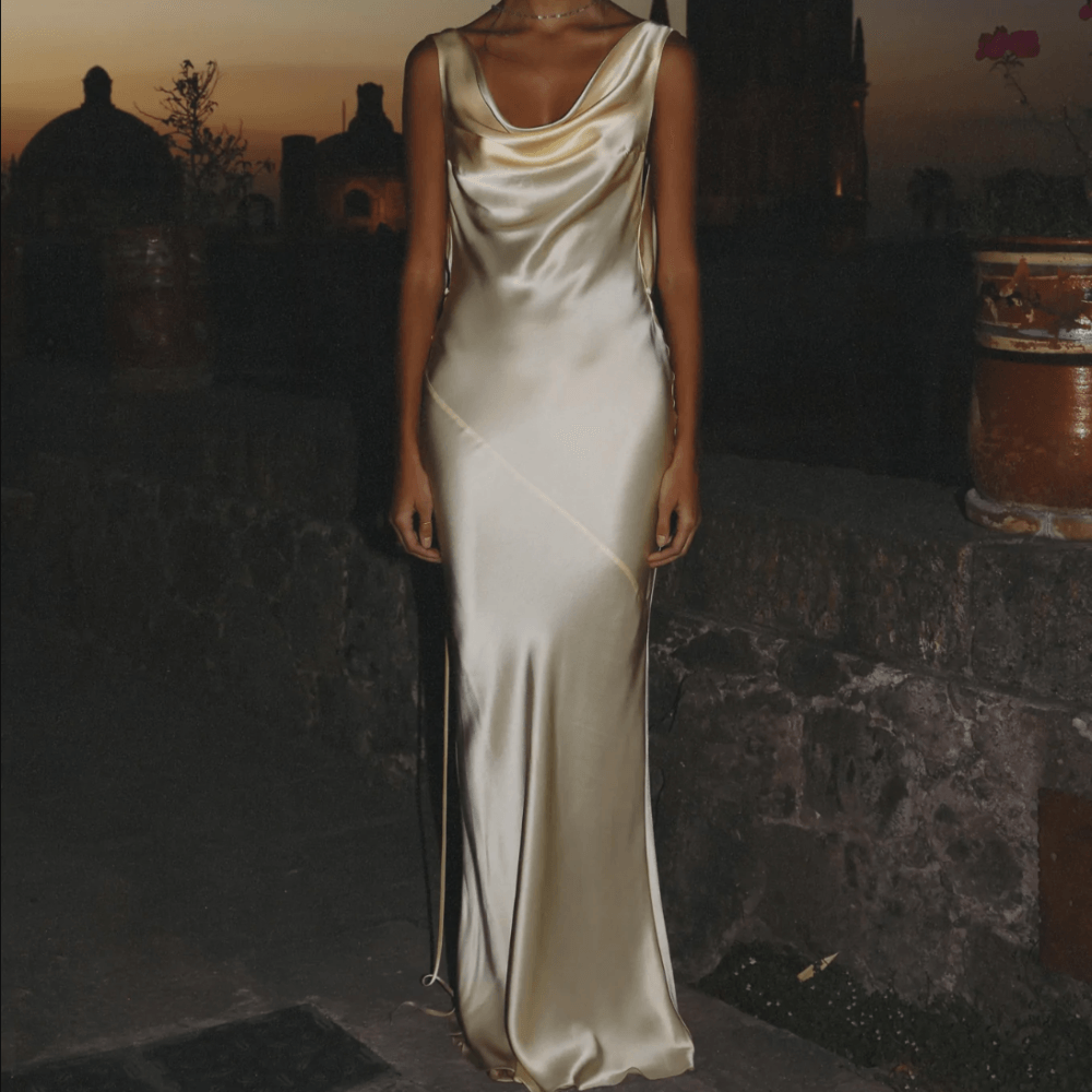 Satin Cowl Plunge-Back Cross-Strap Slip Maxi Dress 5