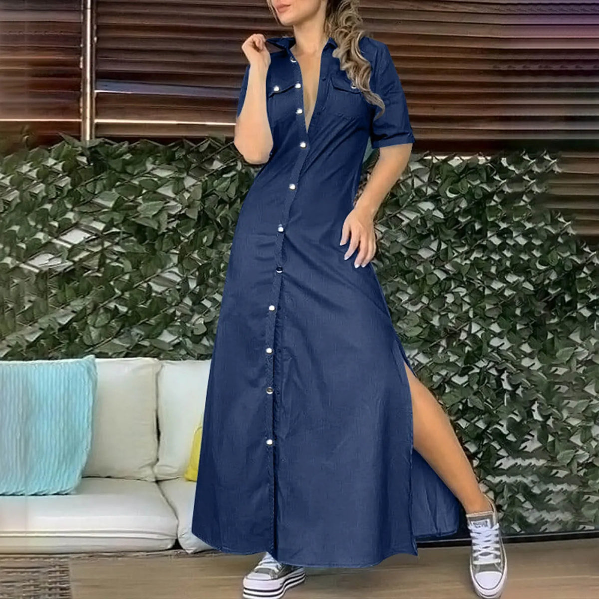 Denim Collared Button-Front Half Sleeve Slit Maxi Dress 8