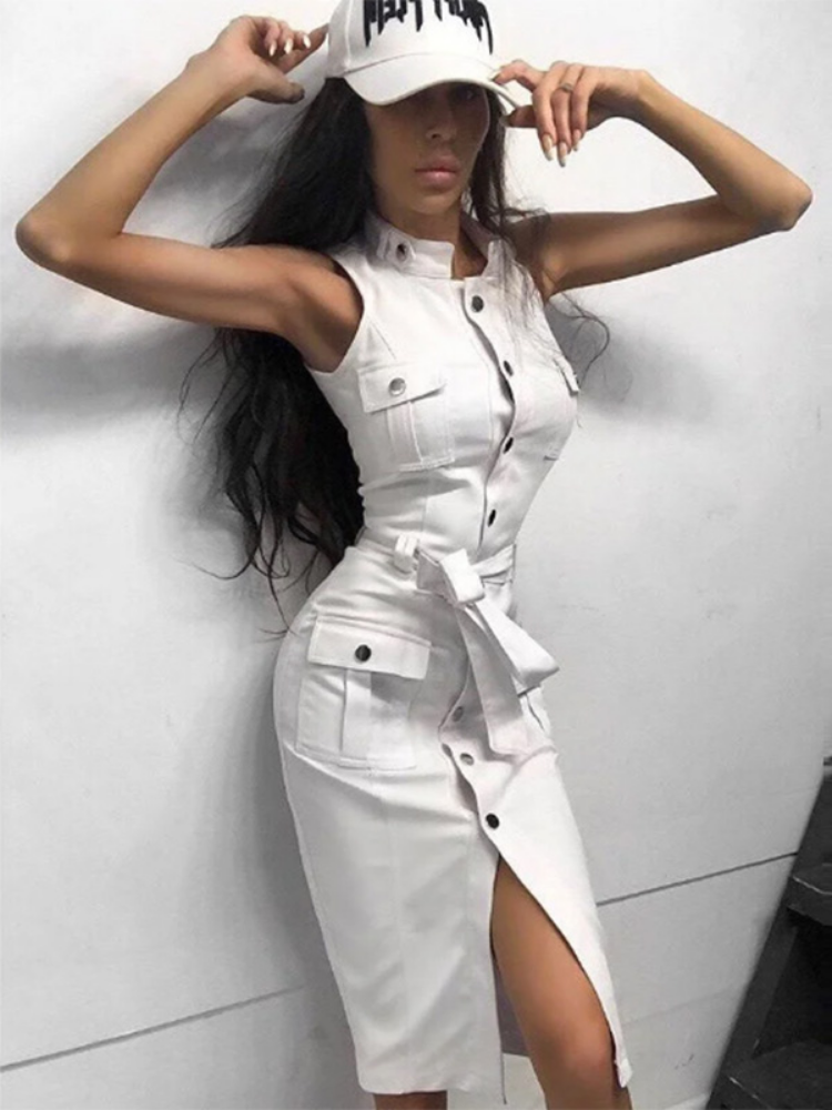 Sleeveless Mandarin Collar Button Front Cargo Pocket Belted Mini Dress