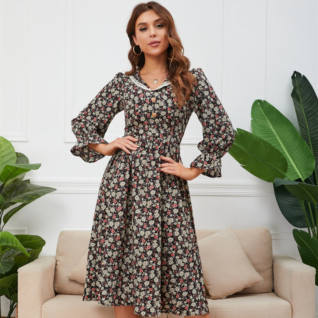 Lace Collar V-Neck Long Flounce Sleeve Floral Print A-Line Midi Dress