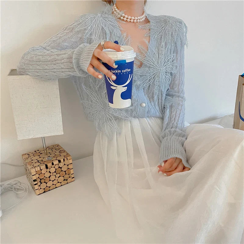 Sexy Embroidered Flower Knitted Blouse Party Blouse